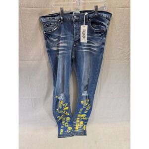 Mackeen Market Reaper MK200 ORT Mens Skinny Jeans Blue Distressed Skull Print 38